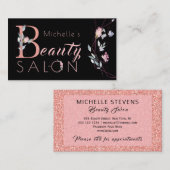 Carte De Visite Typographie florale parties scintillant rose noir  (Devant / Derrière)
