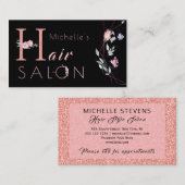 Carte De Visite Typographie florale parties scintillant rose noir  (Devant / Derrière)