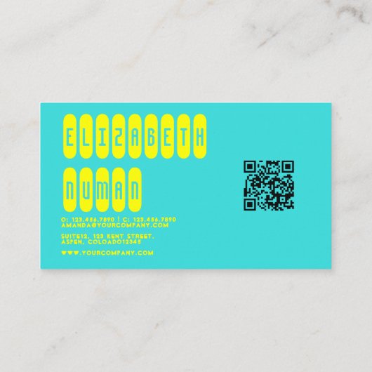 Carte De Visite Typographie jaune citron et turquoise Code QR (Dos)