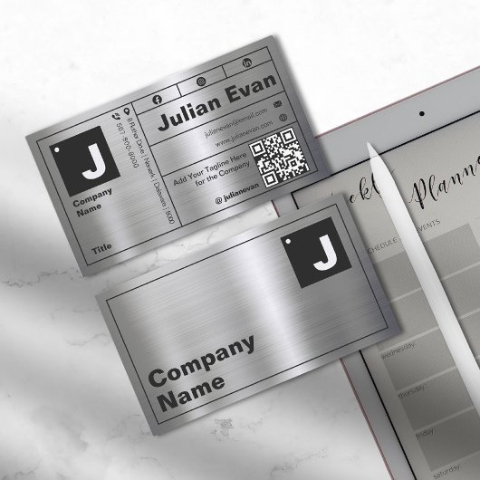 Carte De Visite Typographie moderne Gras Monogramme Métal brillant