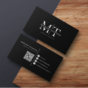 Carte De Visite Typographie moderne Monogramme noir QR code