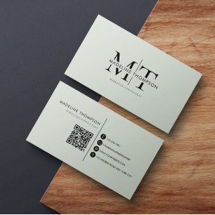 Carte De Visite Typographie moderne Monogramme Sage Green QR code