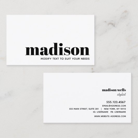 Carte De Visite Typographie moderne noir blanc (Devant / Derrière)