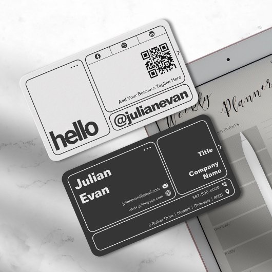 Carte De Visite Typographie moderne Scannable QR Code Hello
