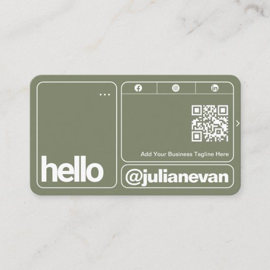 Carte De Visite Typographie Vert Sauge Code QR Scannable Bonjour (Devant)