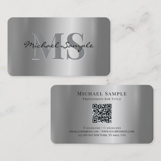 Carte De Visite Typography Name QR Code Script Luxury Silver (Devant / Derrière)