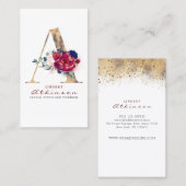 Carte De Visite Un Monogramme Bourgogne Or et bleu marine Floral (Devant / Derrière)