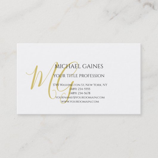 Carte De Visite Unique Calligraphie or couleur Monogramme blanc (Devant)