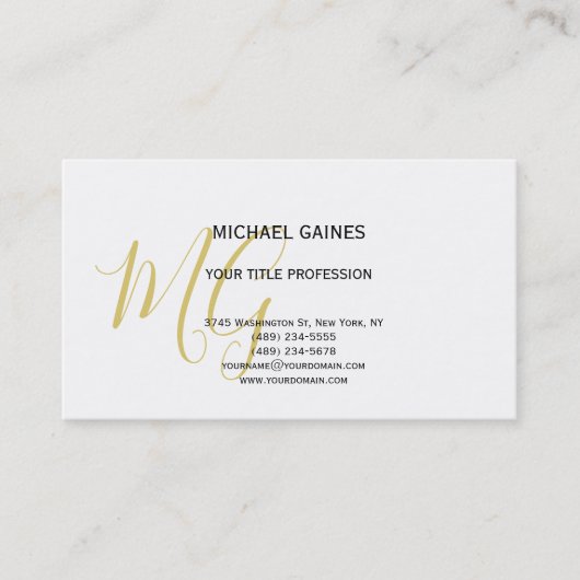 Carte De Visite Unique Calligraphie or couleur Monogramme blanc (Devant)