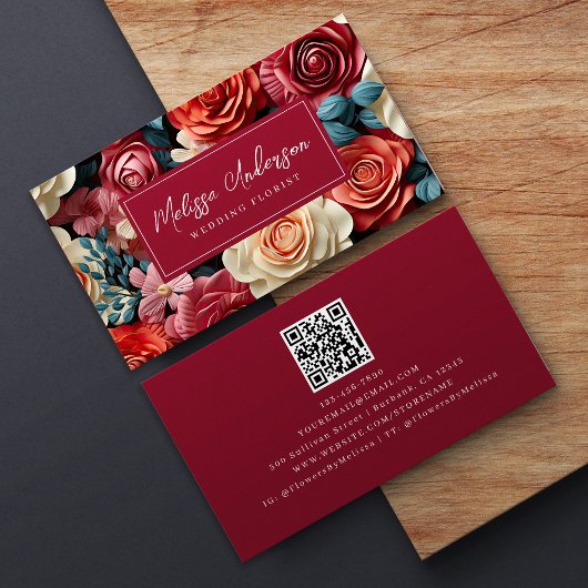 Carte De Visite Unique Floral Bourgogne QR Code