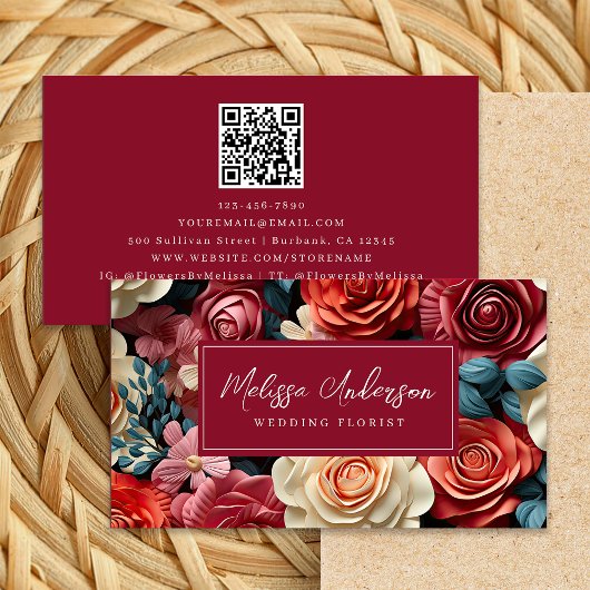 Carte De Visite Unique Floral Bourgogne QR Code