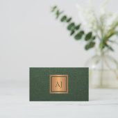 Carte De Visite Unique modern bold monogram QR code gold green (Debout devant)