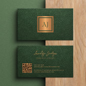 Carte De Visite Unique modern bold monogram QR code gold green