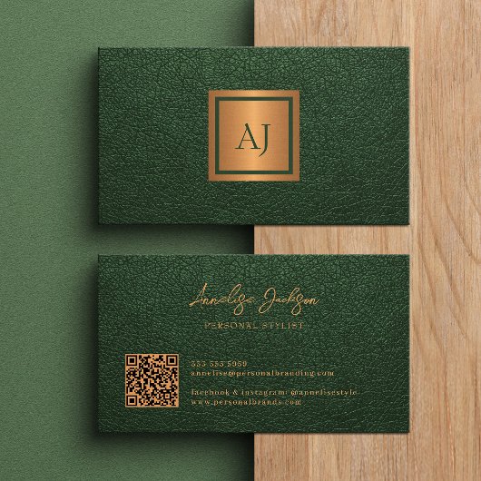 Carte De Visite Unique modern bold monogram QR code gold green
