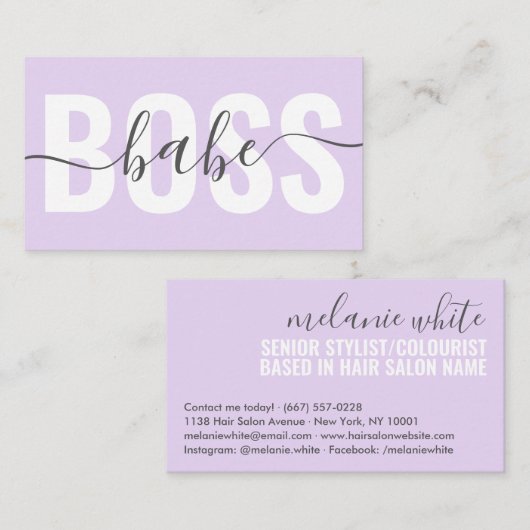 Carte De Visite Unique pastel violet patron babe script cheveux ch (Devant / Derrière)