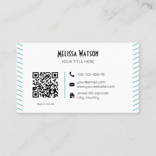 Carte De Visite Unique turquoise code QR noir moustache (Dos)