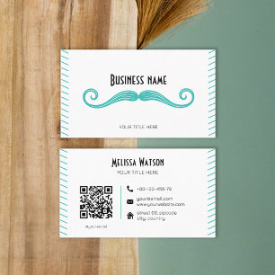 Carte De Visite Unique turquoise code QR noir moustache