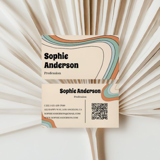 Carte De Visite Vague Abstrait Rétro Arc-en-ciel avec Code QR