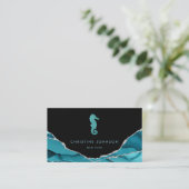 Carte De Visite vagues bleu hippocampe conception sur noir (Debout devant)