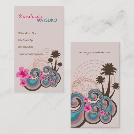 Carte De Visite Vagues tropicales Hibiscus roses chauds Plage Palm (Devant / Derrière)