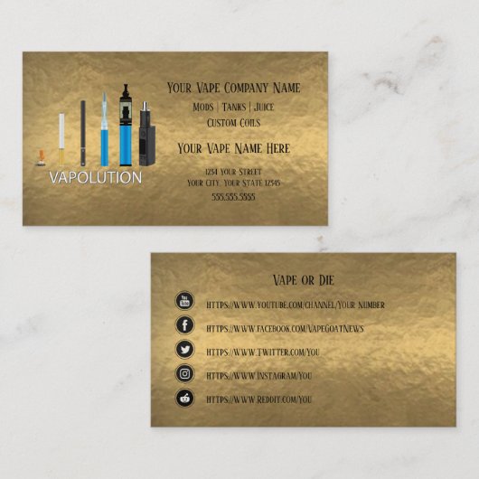 Carte De Visite VAPE | Vapolution Gold Business Médias sociaux (Devant / Derrière)