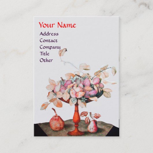 CARTE DE VISITE VASE DE FRUITS DE SAISON, FLEURS, PAIRES FEUILLES (Devant)