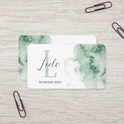 Carte de visite vert aquarelle (Devant/Arrière en situation)