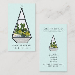 Carte De Visite Vert aquarelle cactus terrarium fleuriste bleu