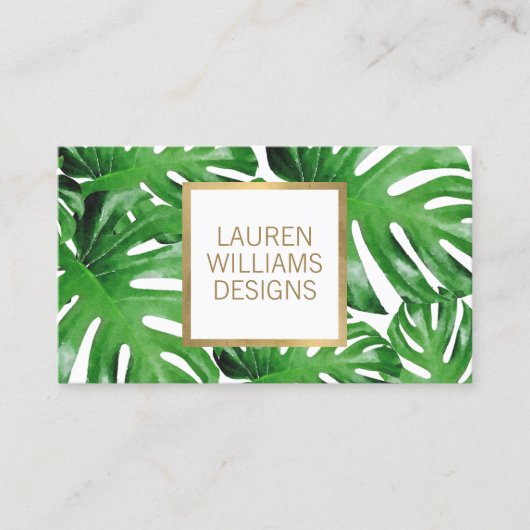 Carte De Visite Vert aquarelle Tropical Monstera Motif (Devant)
