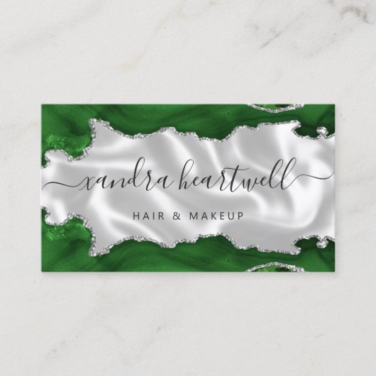 Carte De Visite Vert Argent Agate Blanc Luxe (Devant)