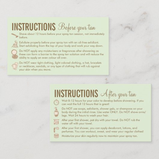 Carte De Visite Vert Brown Instructions Avant Après Spray Tan (Devant / Derrière)