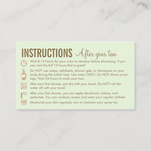 Carte De Visite Vert Brown Instructions Avant Après Spray Tan (Dos)