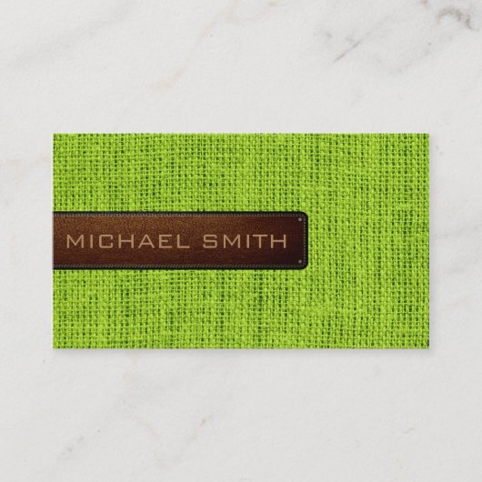 Carte De Visite Vert Burlap Linge Rustique Jute Look Cuir (Devant)