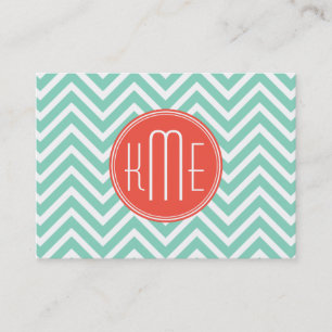 Carte De Visite Vert chic Chevron d'Aqua et monogramme fait sur