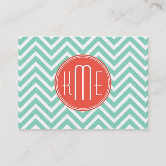 Carte De Visite Vert chic Chevron d'Aqua et monogramme fait sur (Devant)