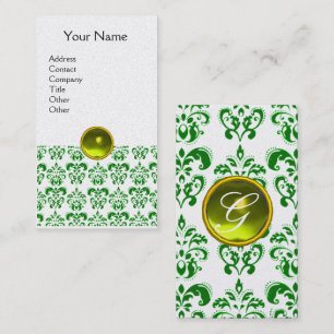 Carte De Visite VERT DAMASK JAUNE GEM MONOGRAM Pearle blanche