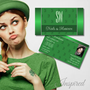 Carte De Visite Vert élégant avec photo et motif monogramme chic