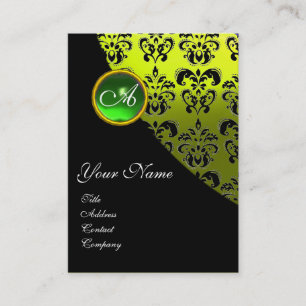 Carte De Visite VERT ÉMERAUDE NOIR DAMAS MONOGRAMME, jaune