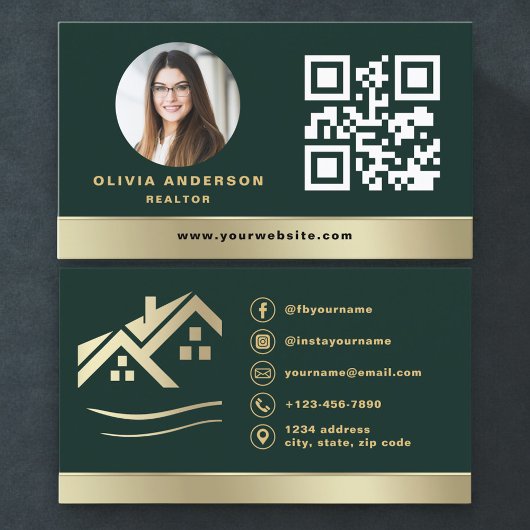 Carte de visite Vert Émeraude QR Code Maison Or Im