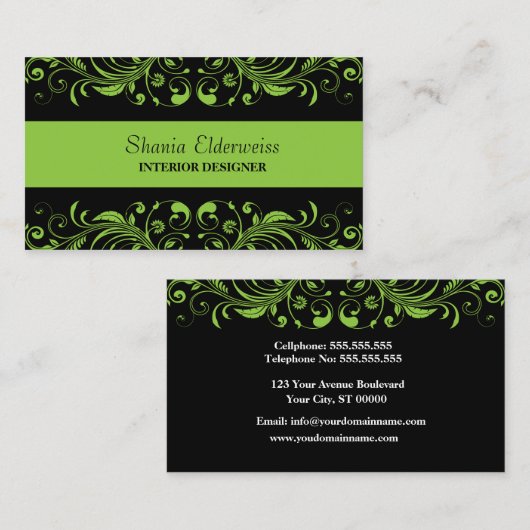 Carte de visite vert et noir Damask (Devant / Derrière)
