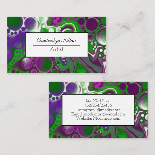 Carte De Visite Vert et violet Abstrait Fluid Art (Devant / Derrière)