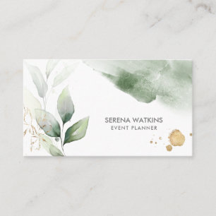 Carte De Visite Vert Feuille Floral moderne Aquarelle Or