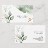 Carte De Visite Vert Feuille Floral moderne Aquarelle Or (Devant / Derrière)