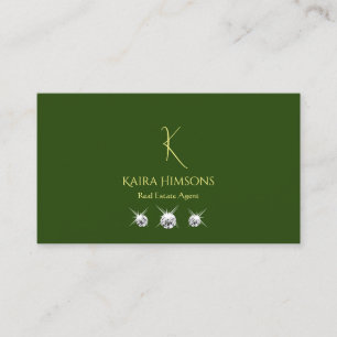 Carte De Visite Vert Forêt Plaine avec Monogramme et Bijoux Simple