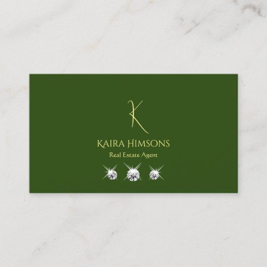 Carte De Visite Vert Forêt Plaine avec Monogramme et Bijoux Simple (Devant)