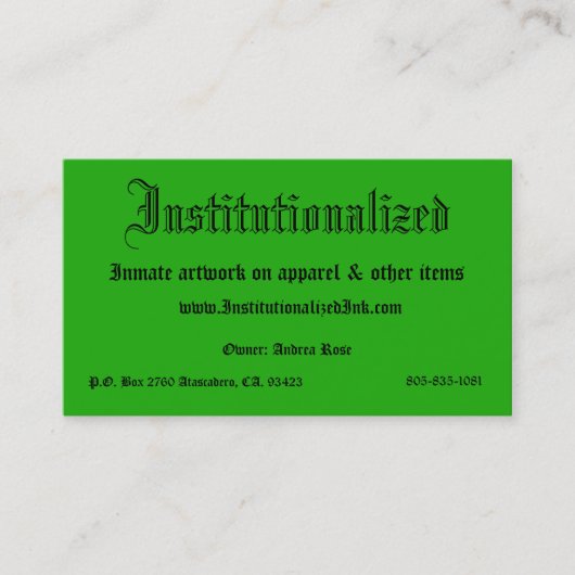 Carte De Visite vert, institutionalisé, illustration de détenu sur (Devant)