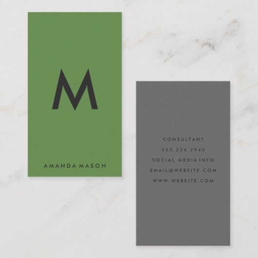 Carte De Visite Vert monogramme minimal (Devant / Derrière)