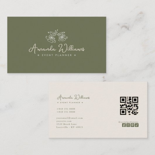 Carte de visite vert olive avec code QR pour les m (Devant / Derrière)