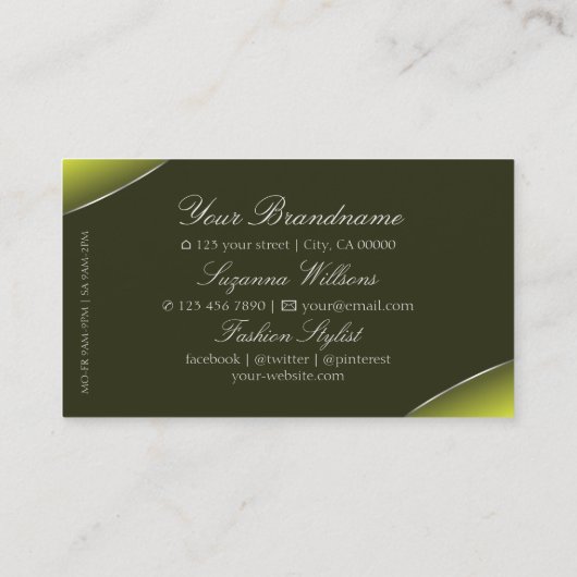 Carte De Visite Vert olive jaune avec bordure en argent exceptionn (Dos)