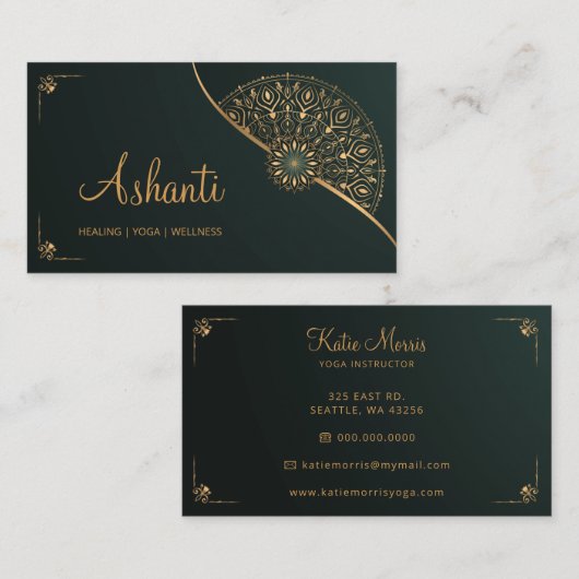 Carte De Visite Vert or Mandala Elégant moderne (Devant / Derrière)